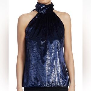 Ramy Brook Blue Velvet PAM high neck sleeveless top size medium in navy shimmer
